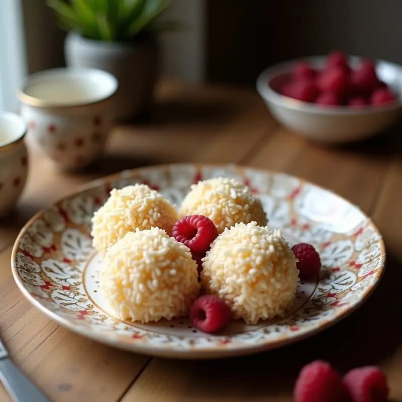 Bolitas de Coco y Macadamia con Relleno de Crema de Frambuesa: Postre Australiano Sin Horno