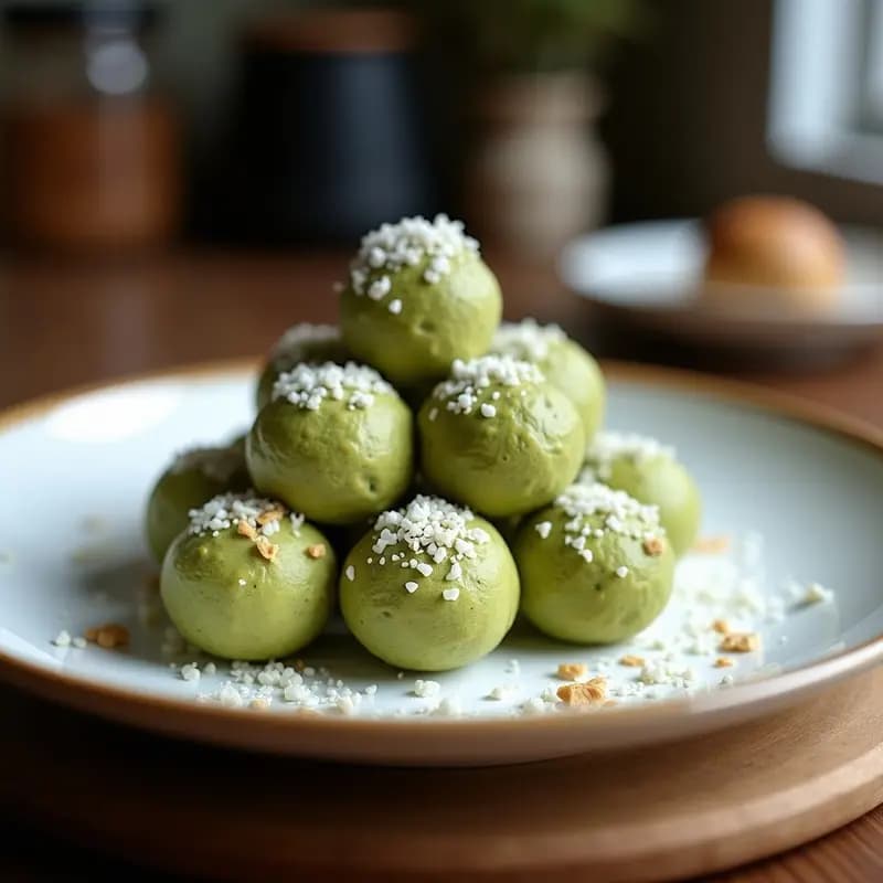 Bolitas de Coco y Matcha con Center de Mantequilla de Anacardo: Postre Crudivegano Sin Horno
