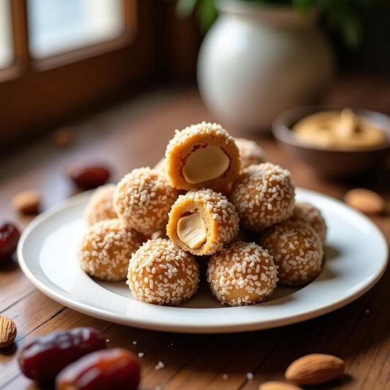 Bolitas de Dátil y Almendra Rellenas de Crema de Cacahuete: Postre Sin Azúcar en 10 Minutos