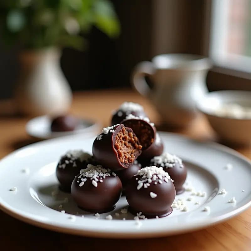 Bolitas de Dátiles y Coco con Centro Líquido de Chocolate 100%: Trufas Saludables