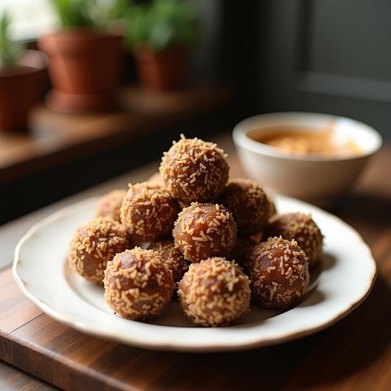 Bolitas de Dátiles y Coco con Centro de Mantequilla de Cacahuete: Postre Energético Sin Horno
