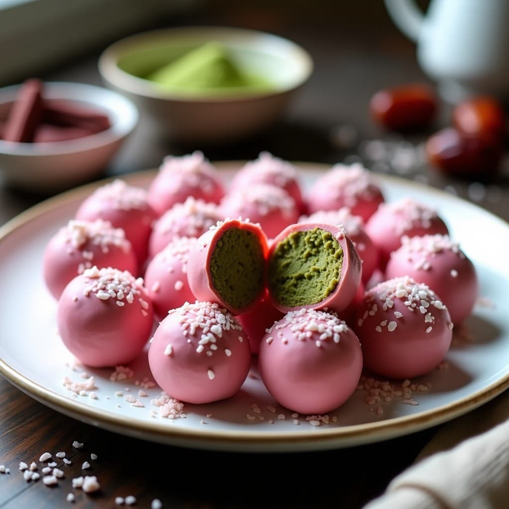 Bolitas de Dátiles y Matcha con Cobertura de Chocolate Rubí: Postre Energético Antioxidante