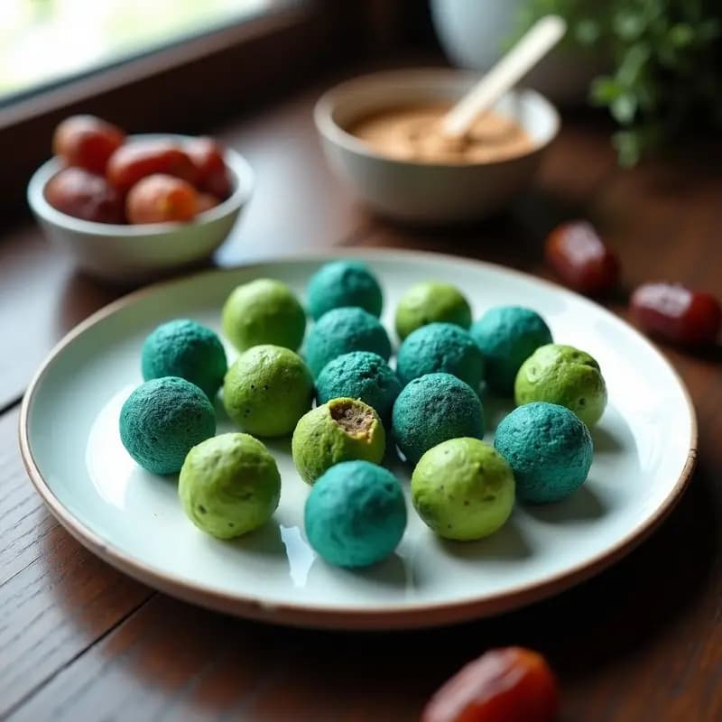 Bolitas Energéticas de Dátiles Medjool y Butter de Almendras con Recubrimiento de Cacao y Espirulina: Snack Verde Azulado