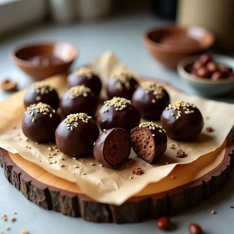 Bolitas de Dátiles y Nueces con Cobertura de Chocolate y Semillas de Sésamo: Bombones Energéticos Sin Horno