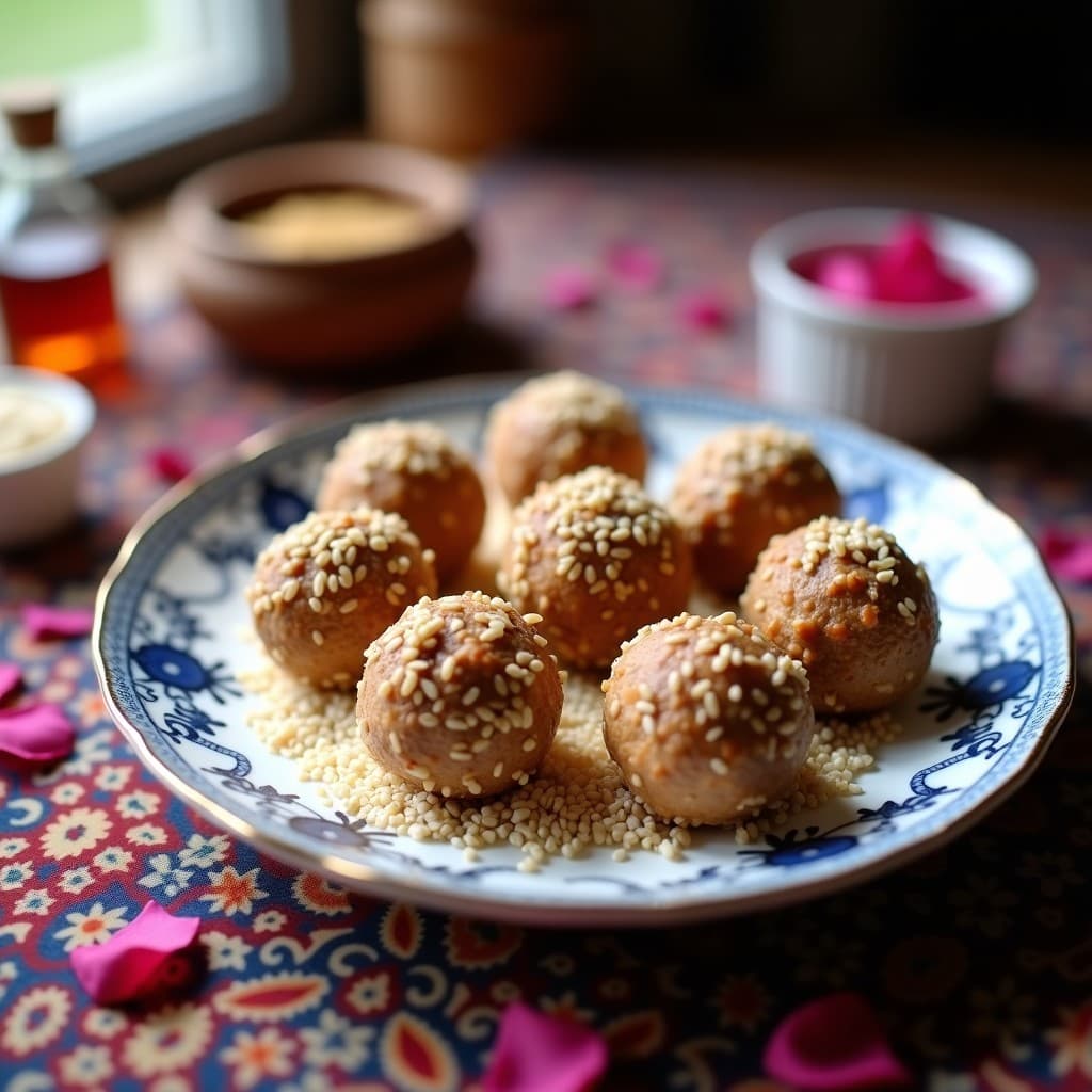 Bolitas de Dátiles y Semillas de Sésamo con Esencia de Rosa: Snack Persa Sin Azúcar