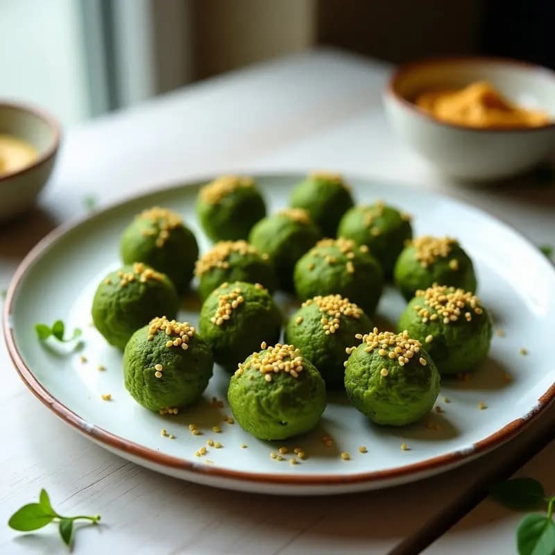 Bolitas de Espirulina y Queso de Caju con Crust de Semillas de Sésamo: Aperitivo Proteico en 10 Minutos