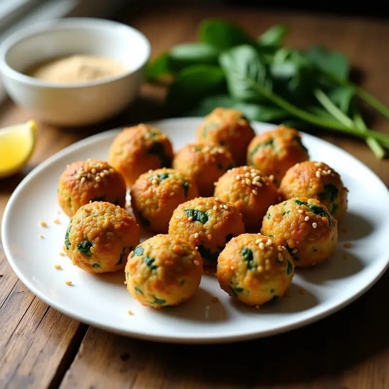 Bolitas de Garbanzo y Espinacas con Cobertura de Sésamo: Aperitivo Crudivegano y Sin Horno