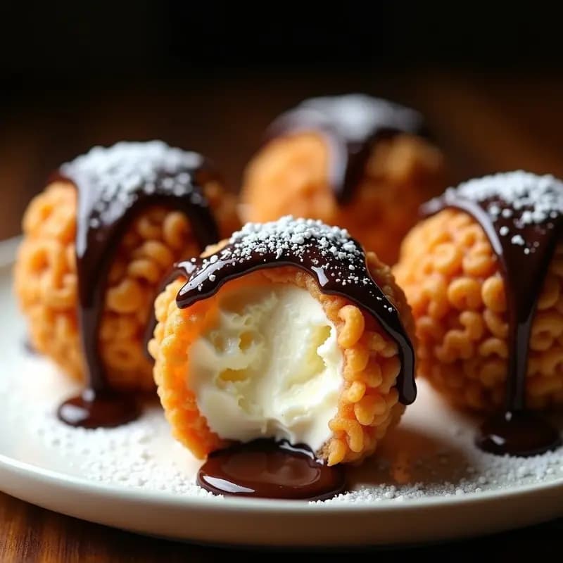 Bolitas de Helado de Vainilla Empanizadas con Cereales y Bañadas en Chocolate: Explosión de Texturas
