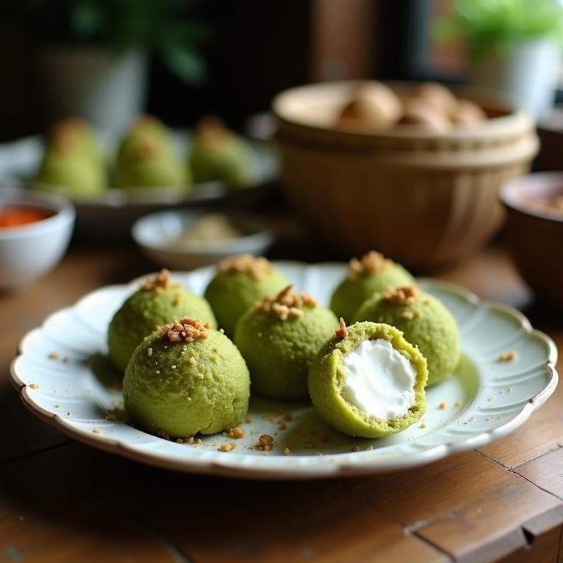 Bolitas de Matcha y Coco con Relleno de Crema de Anacardos: Postre Japonés Vegano en 20 Minutos