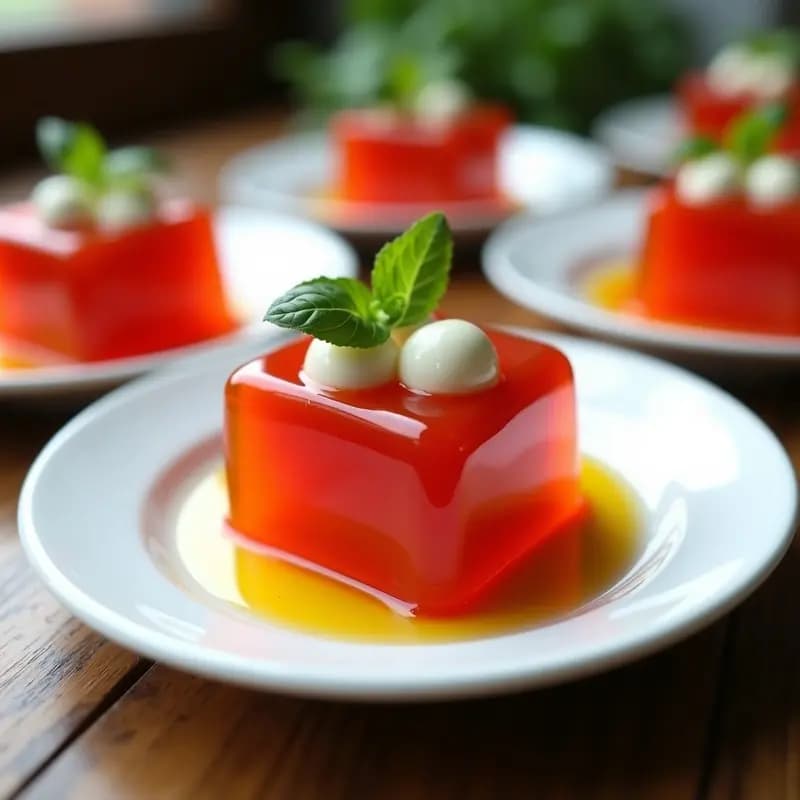 Bolitas de Queso Mozzarella y Albahaca en Gelatina de Tomate: Aperitivo Italiano Transparente