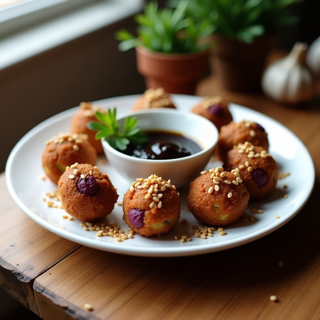 Bolitas de Patata Morada y Semillas de Lino con Dip de Ajo Negro: Aperitivo Vegano Crujiente