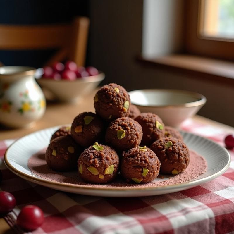 Bolitas de Pistacho y Arándanos con Cobertura de Chocolate 85%: Postre Crudivegano Rico en Antioxidantes