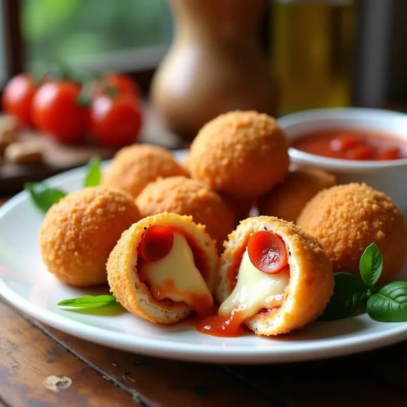 Bolitas de Pizza Fritas Rellenas de Mozzarella y Pepperoni con Salsa Marinara: Snack para Fiestas