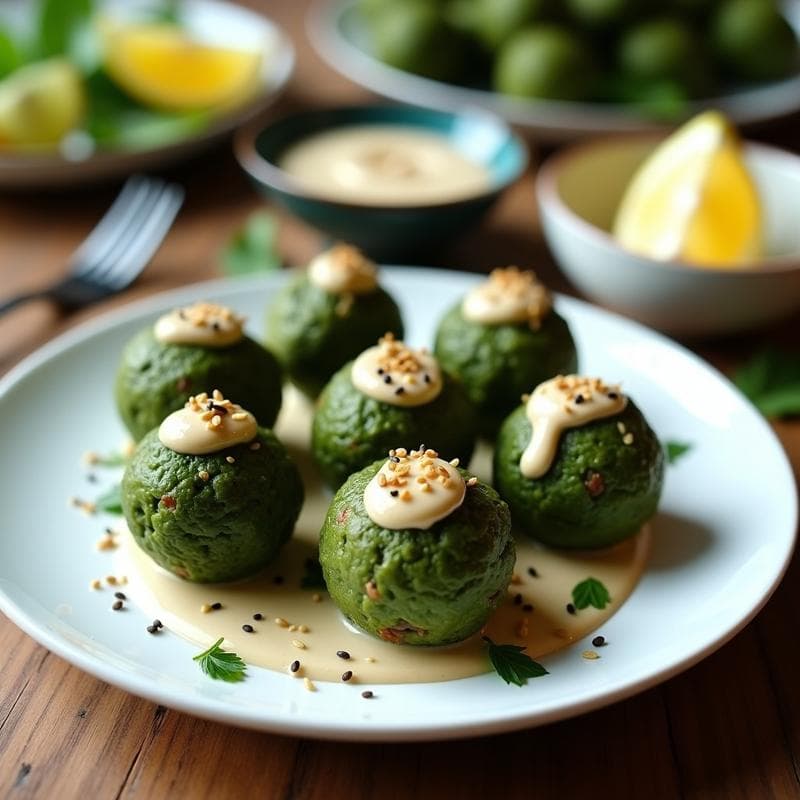 Bolitas de Proteína de Guisante y Espinacas con Salsa de Tahini: Snack Vegano para Deportistas