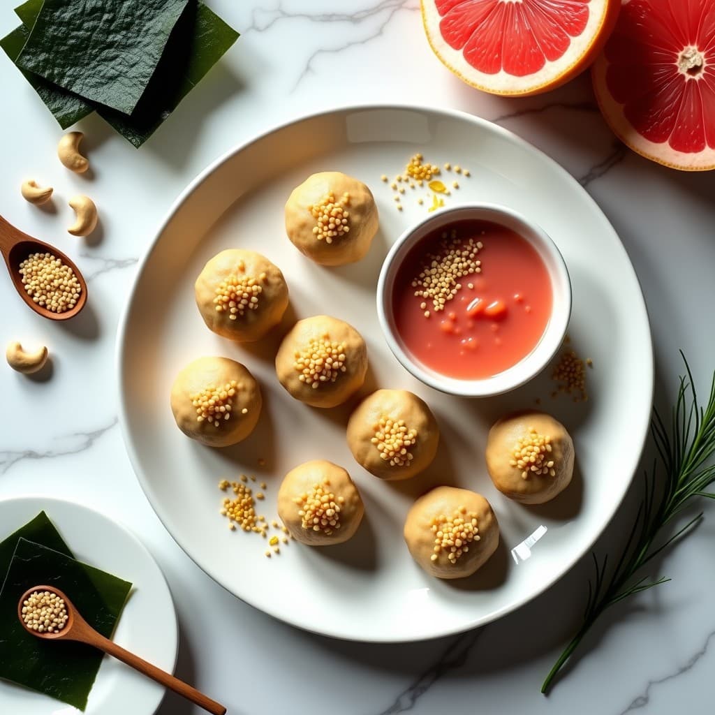 Bolitas de Queso de Anacardo y Algas con Salsa de Pomelo Rosa: Aperitivo Crudivegano