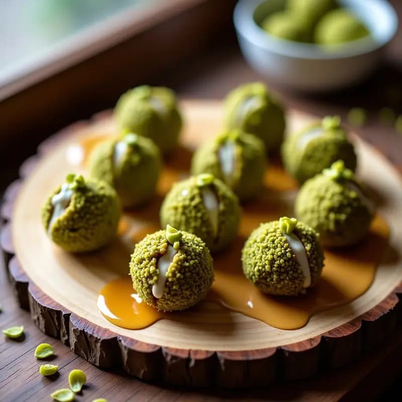Bolitas de Queso de Cabra y Dátiles con Cobertura de Pistacho y Miel de Trufa