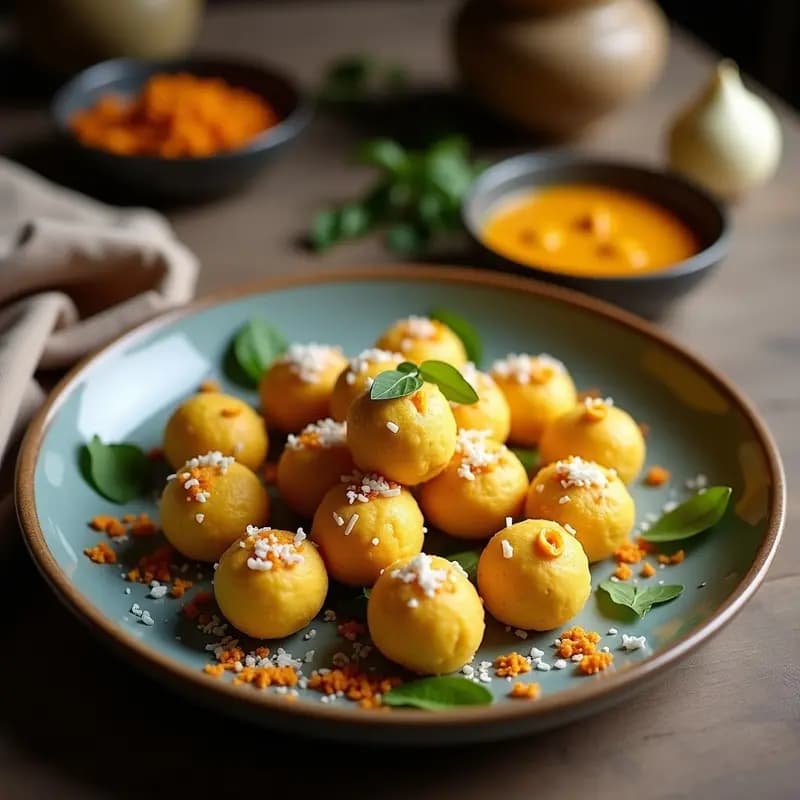 Bolitas de Queso de Caju y Cúrcuma con Cobertura de Coco: Aperitivo Indio Antiinflamatorio en 10 Minutos