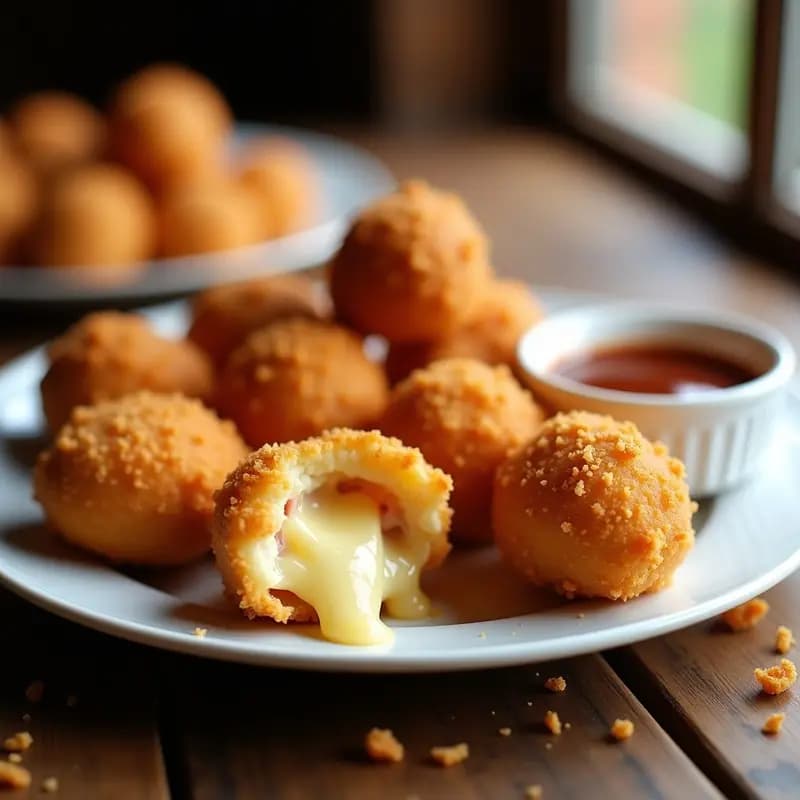 Bolitas de Queso Fritas con Relleno de Jamón y Queso Cheddar: Aperitivo Crujiente que Derrite en la Boca