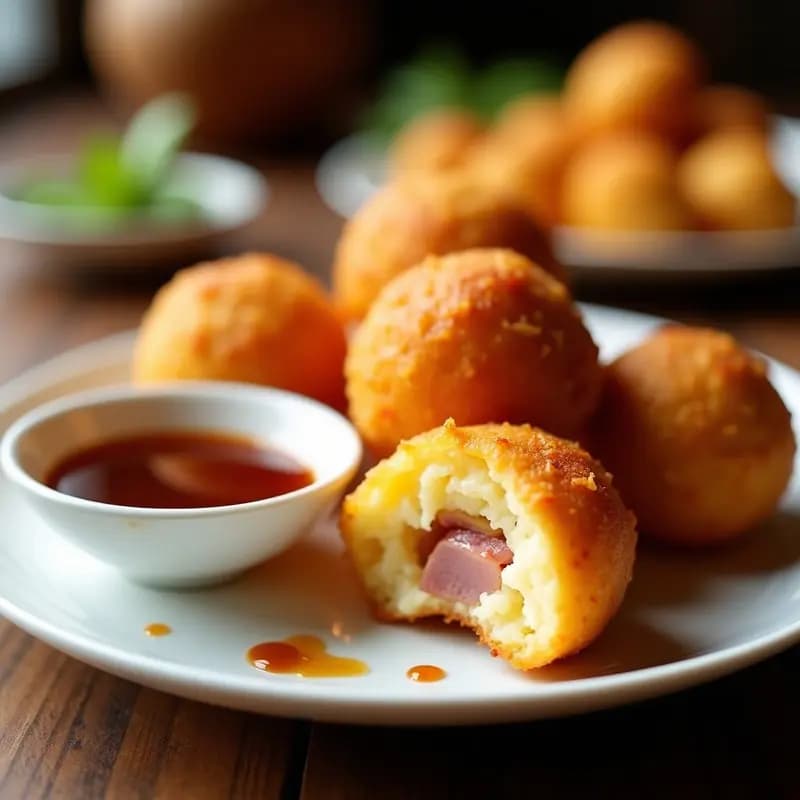 Bolitas de Queso Fritas Rellena de Jamón y Piña con Salsa Teriyaki: Explosión de Sabores Japoneses
