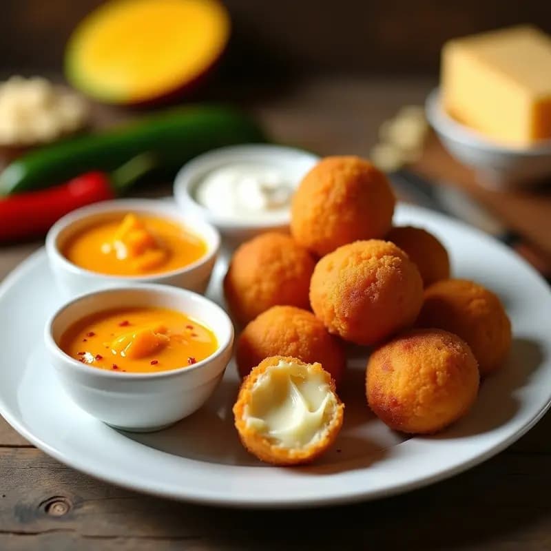 Bolitas de Queso Frito con Salsa de Mango Habanero y Crema Ácida: Aperitivo que Explota en Sabores