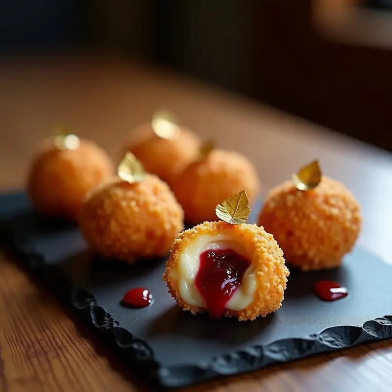 Bolitas de Queso Fundido con Mermelada de Frambuesa y Gold Leaf: Aperitivo de Lujo
