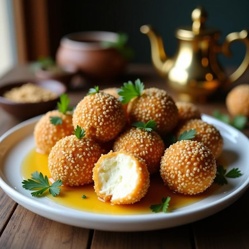 Bolitas de Queso y Semillas de Sésamo: Aperitivo Árabe Crujiente con Miel y Zaatar