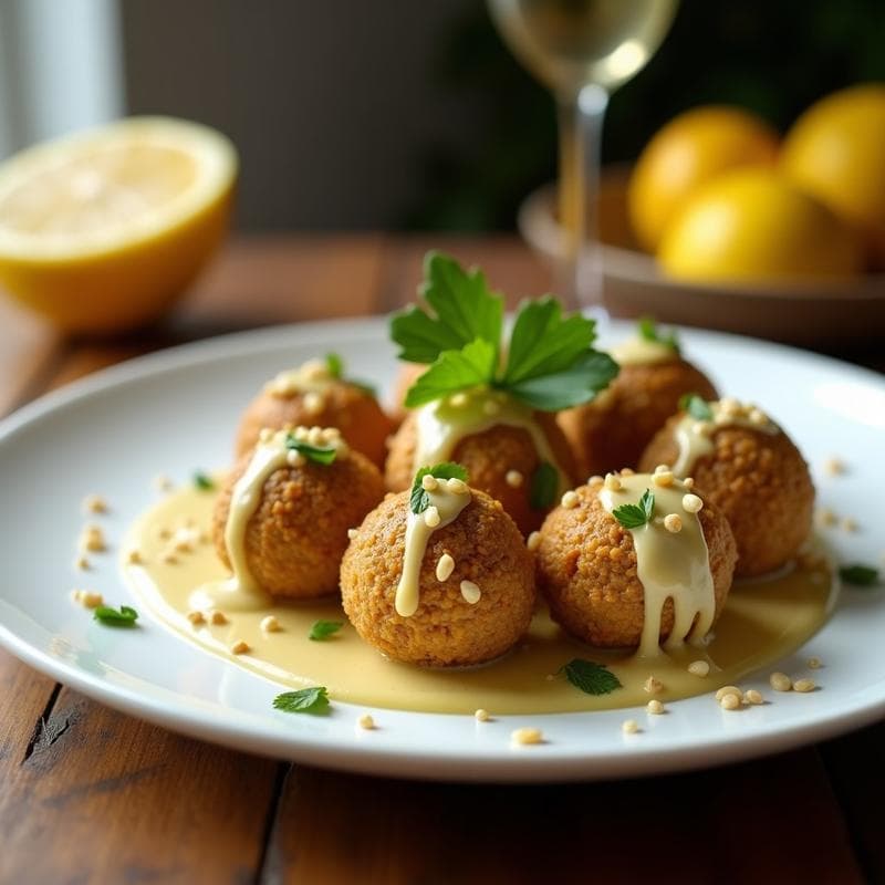 Bolitas de Quinoa y Alcachofa con Salsa de Tahini y Limón: Aperitivo Sin Gluten y Alto en Fibra