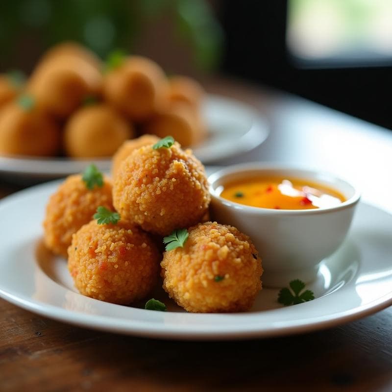 Bolitas de Quinoa y Camarones con Salsa de Mango y Chile: Aperitivo en Airfryer con Toque Indonesio