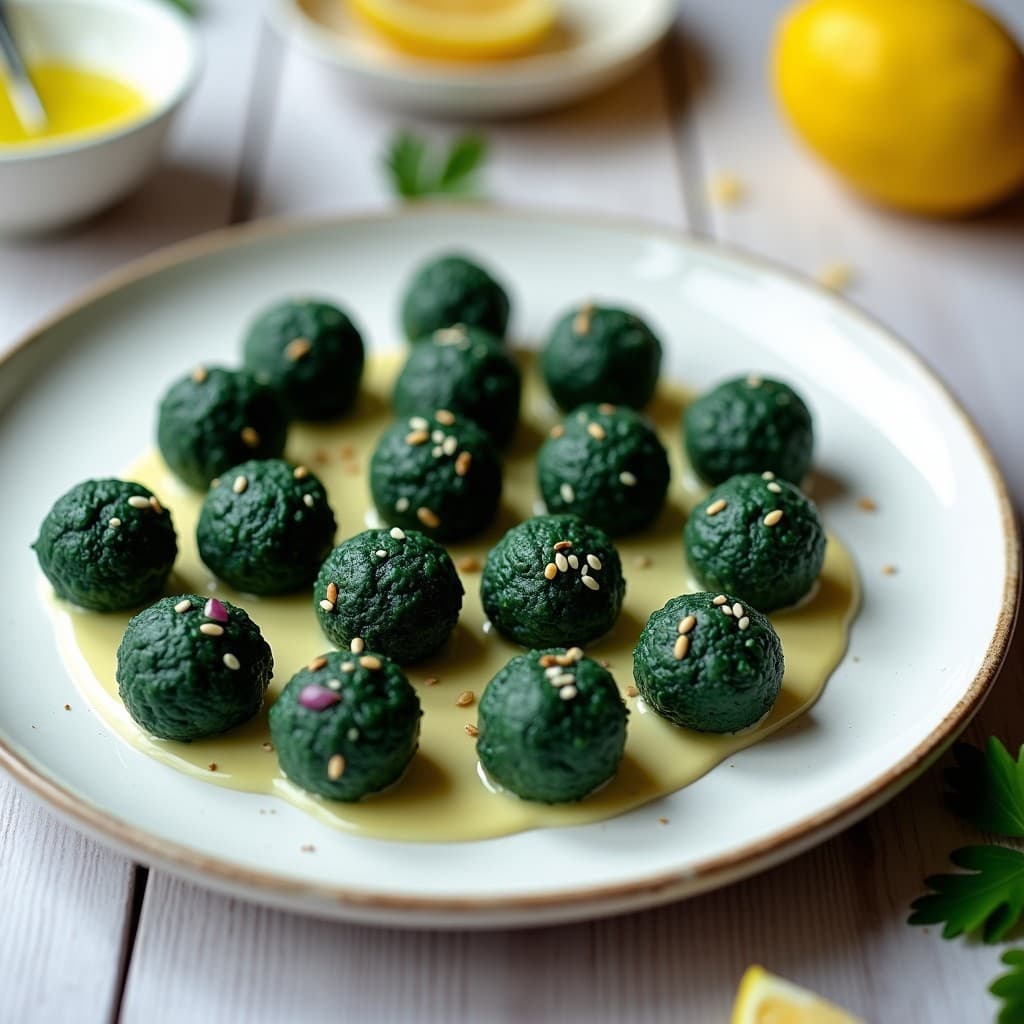 Bolitas de Quinoa y Espirulina con Salsa de Limón y Aceite de Oliva: Aperitivo Vegano y Alto en Hierro
