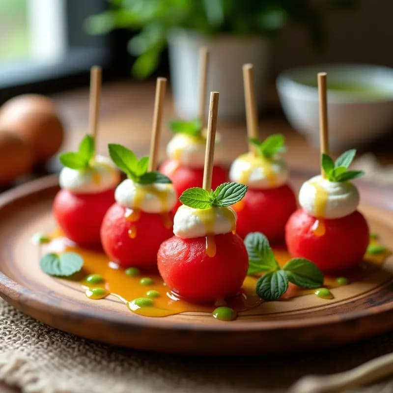 Bolitas de Watermelon y Queso Feta con Salsa de Menta: Aperitivo Veraniego y Refrescante