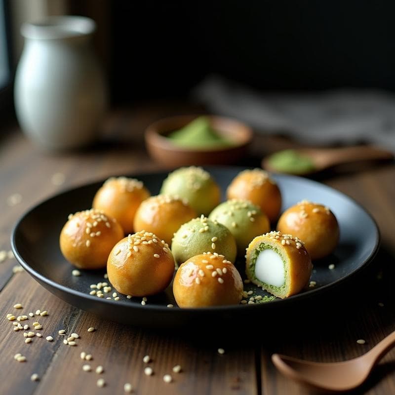 Bolitas de Sésamo y Matcha con Relleno de Miso: Postre Japonés Sin Azúcar