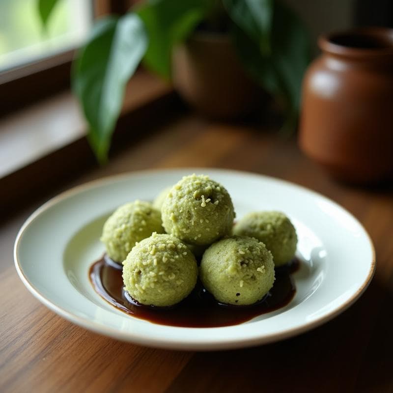 Bolitas de Té Verde y Coco con Chips de Chocolate Negro: Postre Japonés Sin Azúcar