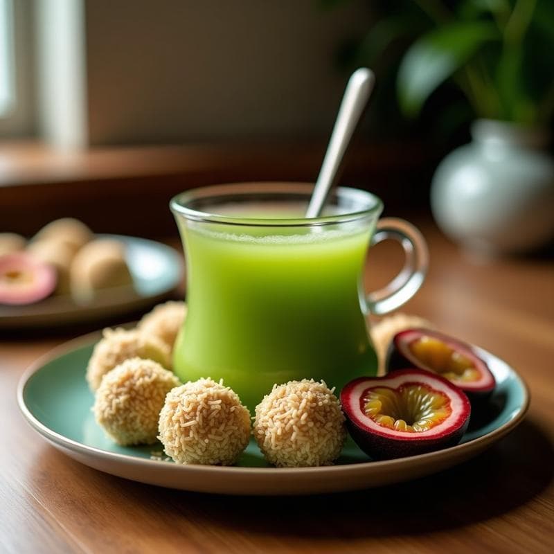 Bolitas de Té Verde y Coco Rallado con Relleno de Maracuyá: Postre Japonés-Brasileño