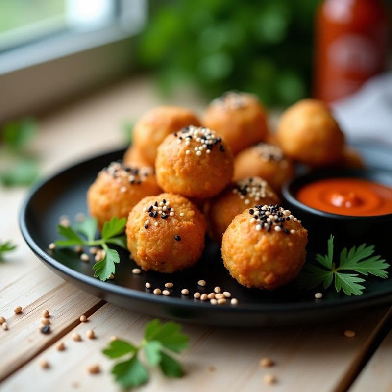 Bolitas de Tofu y Semillas de Sésamo: Aperitivo Crujiente en Airfryer con Salsa Sriracha