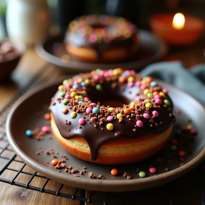 Bomba de Chocolate: Donut Relleno de Crema de Chocolate, Bañado en Chocolate y Espolvoreado con Lacasitos