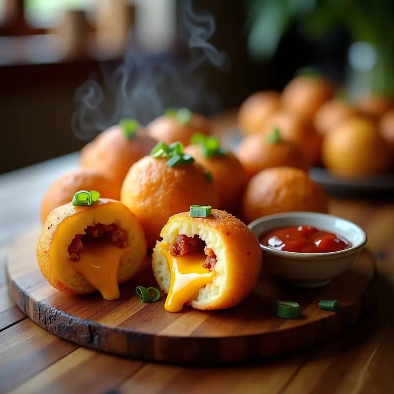Bombas de Patata Rellenas de Queso Cheddar y Tocino con Salsa Barbacoa