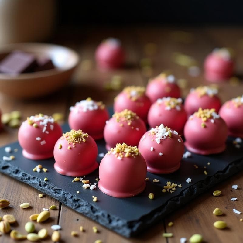Bombones de Dátiles y Pistacho con Baño de Chocolate Rubí: Postre Sin Azúcar y Sin Horno