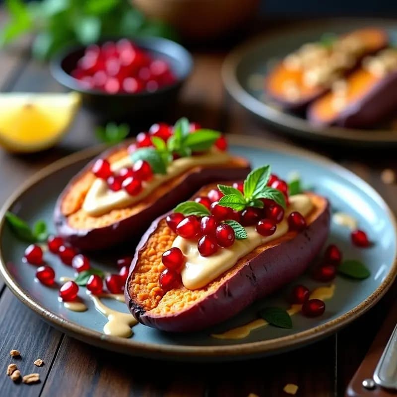 Boniato al Horno con Tahini y Granaque: Receta Siria Vegana y Reconfortante