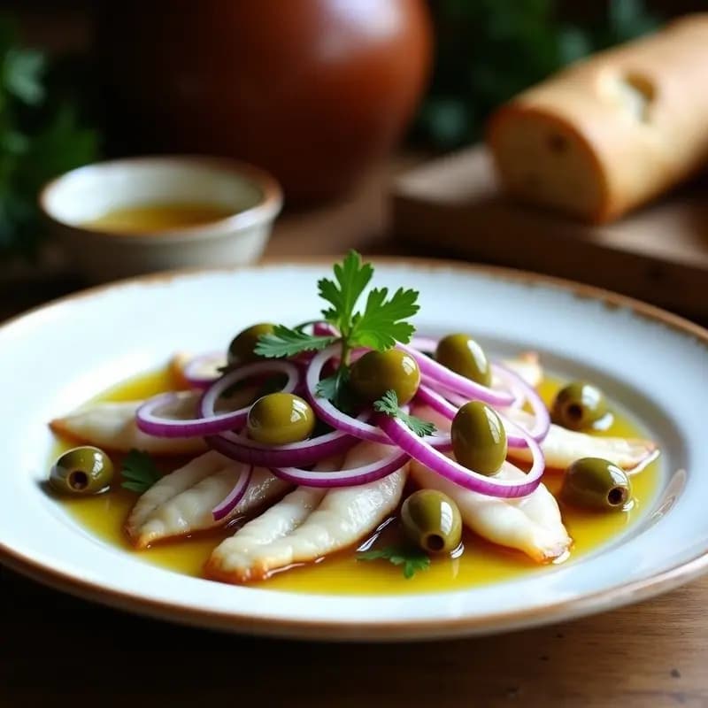 Boquerones en Vinagre con Cebolla Morada y Aceitunas: Entrante Vasco Fresco y Sabroso