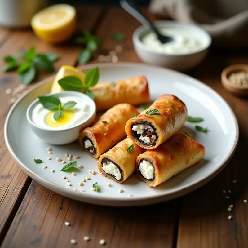 Borea de Berenjena y Queso Feta: Aperitivo Albanés con Salsa de Yogur y Menta