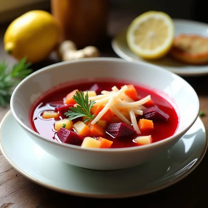 Borsch Rojo con Surimi y Eneldo: Sopa Ucraniana ligera con Toque Asiático en 30 Minutos