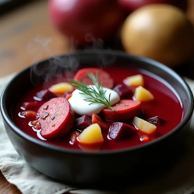 Borscht Polaco con Chorizo Ahumado: Sopa de Remolacha Tradicional en Olla Express