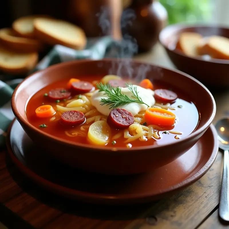 Borscht Polaco con Col Fermentada y Salchichas Ahumadas: Receta Tradicional en Olla Lenta