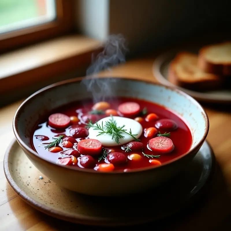 Borscht Polaco con Chorizo Ahumado y Crema Agria: Receta Reconfortante en 35 Minutos