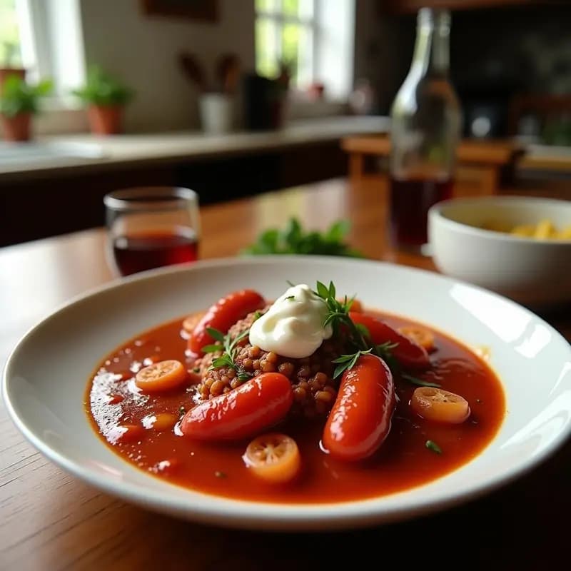 Borscht Polaco con Salchichas y Crema Ácida: Sopa Contundente en Olla Exprés