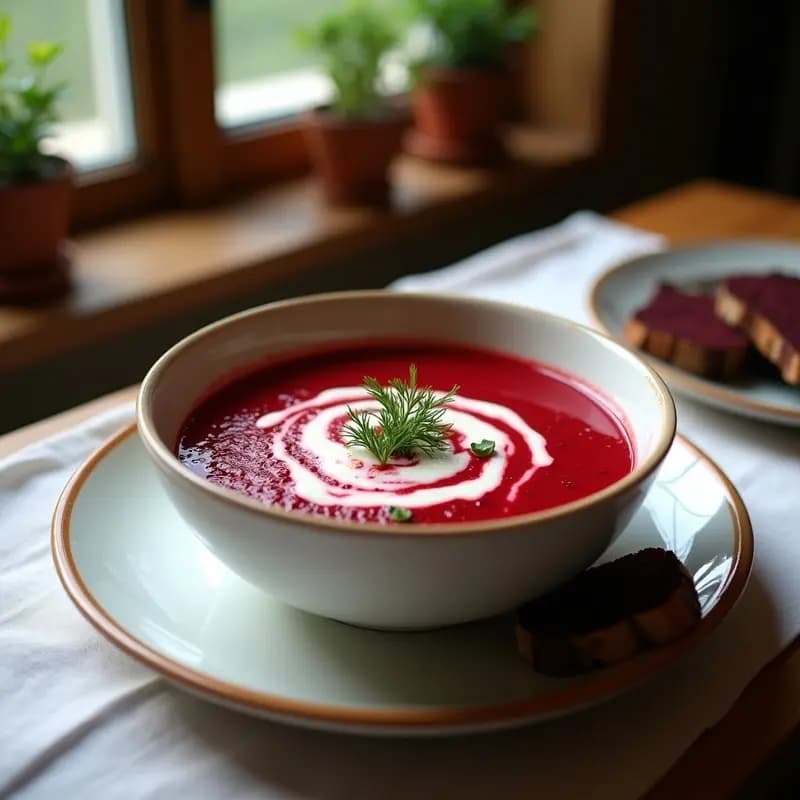 Borscht Ucraniano con Remolacha Dorada: Sopa Vegana con Crema de Cashew y Eneldo