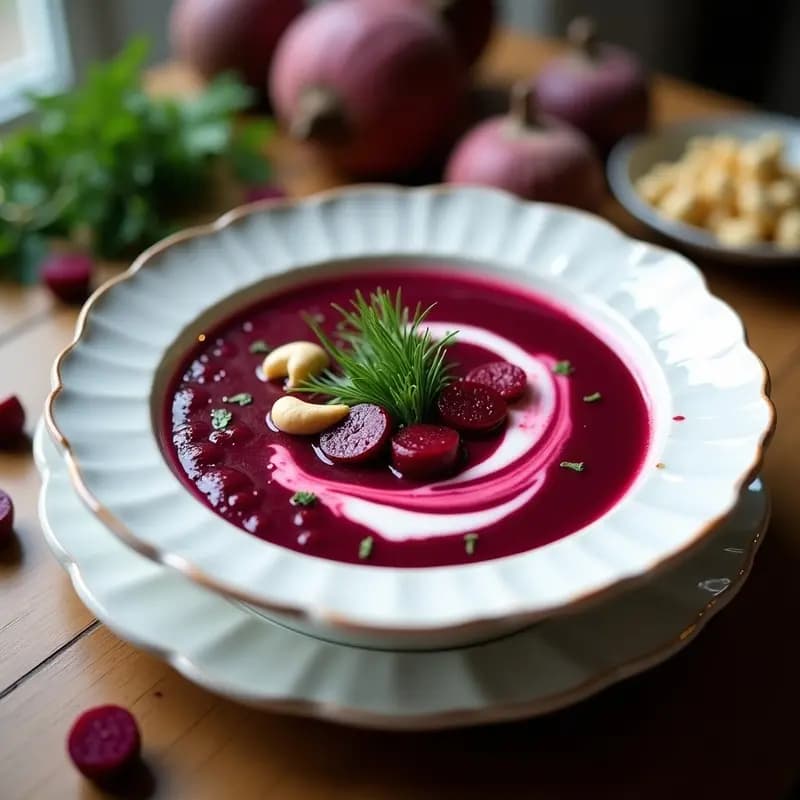 Borscht Ucraniano con Remolacha Fermentada y Crema de Anacardos: Sopa Fría Probiótica