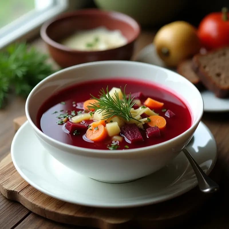 Borscht Ucraniano con Remolacha y Repollo: Sopa Roja Tradicional con Toque de Eneldo