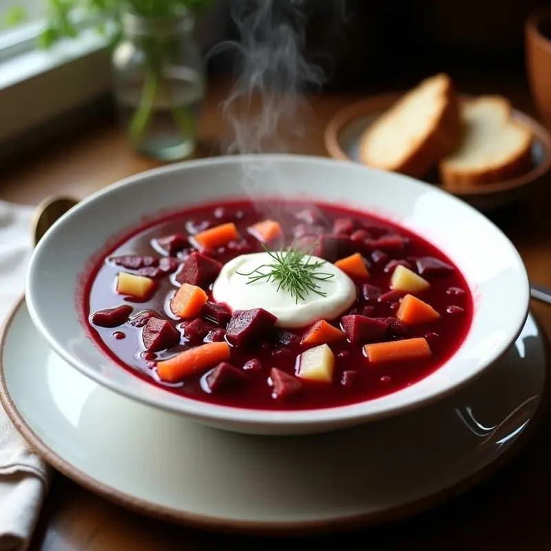 Borscht Ruso de Remolacha y Carne: Sopa Cremosa con Smetana y Eneldo