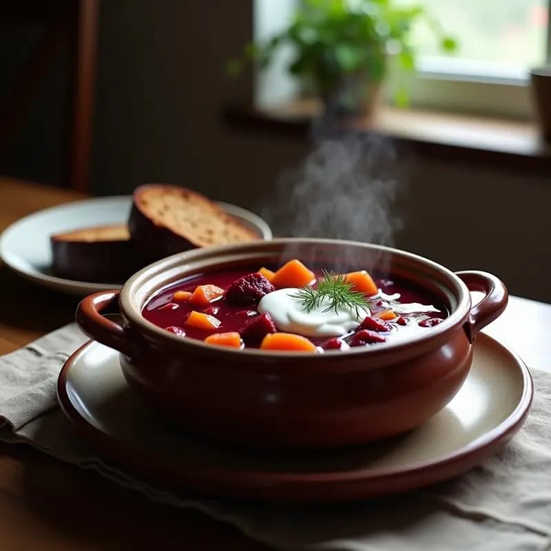 Pсты со Свеклой и Горизонтом: Borscht Ruso Tradicional con Carne de Res y Pan de Centeno